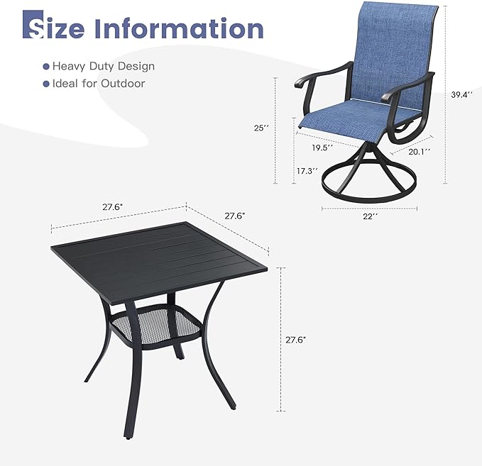 VICLLAX 3 Pieces Outdoor Dining Set, Patio Furniture Set of 2 Patio Swivel Dining Chairs and Small Dining Table with Storage Shelf, Navy Blue Chairs & Black Tabletop