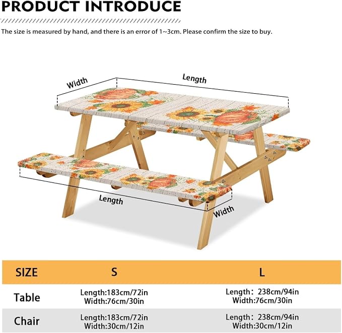 Fall Picnic Table Cover with Bench Covers Rectangle Pumpkin Sunflower Fitted Picnic Table Cover with Bench Covers Washable Table Cover Outdoor Patio Camping Essentials 72x30 Inches
