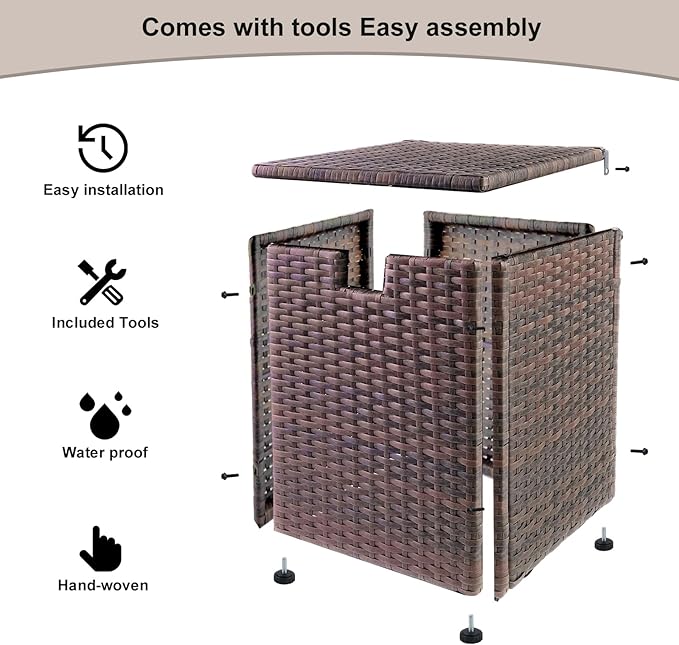 20 LB Wicker Propane Tank Cover Table, Weatherproof Outdoor Propane Tank Hide with Adjustable Feet,Perfect for Backyard, Balcony and Poolside(Brown)