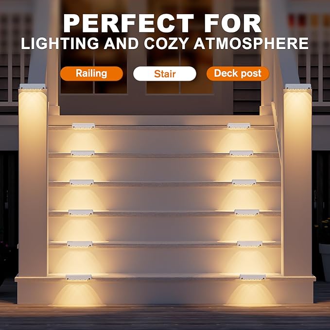 NIORSUN Solar Fence Lights Outdoor 12 Pack, IP65 Waterproof Large Size LED Solar Deck Lights with Lenses, Auto ON Off Warm White Step Lights for Outside, Patio, Fence, Yard and Railing Decor (White)