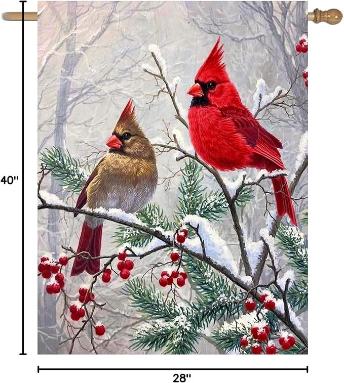 Winter Cardinal Bird House Flags for Outside 28x40 Double Sided Large Christmas Holiday Flags Red Birds on Tree Branch Garden Flag Welcome New Year Yard Flag Farmhouse Outdoor Decor