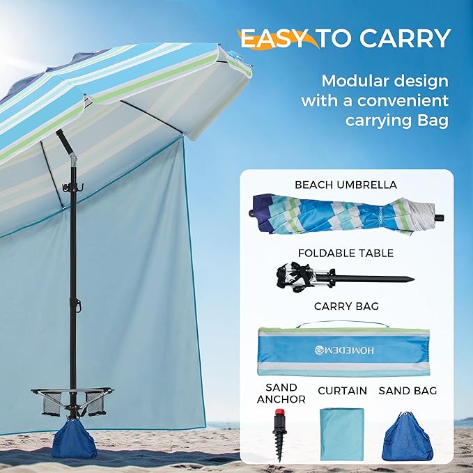 HOMEDEMO 8FT Large Beach Umbrella with Weight Bag & Sand Anchor, Outdoor Umbrellas with Adjustable Aluminum Pole and Table, Heavy Duty Windproof & UPF 50+