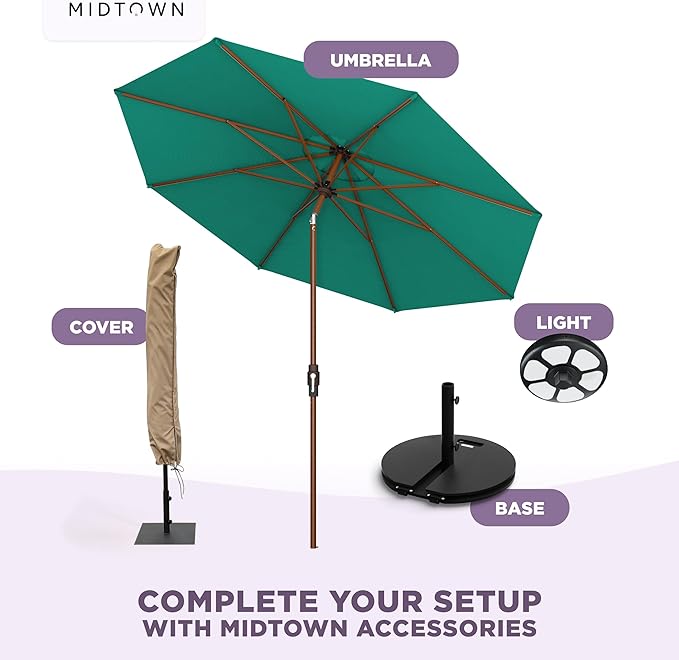 Midtown Umbrellas Wooden 2-8 Ft Patio Umbrella with 360° Swivel & Tilt Mechanism, 8 Fiberglass Ribs & Sunbrella Fabric - Outdoor Umbrella for Deck, Pool & Garden - Burgundy Canopy, Wooden Pole