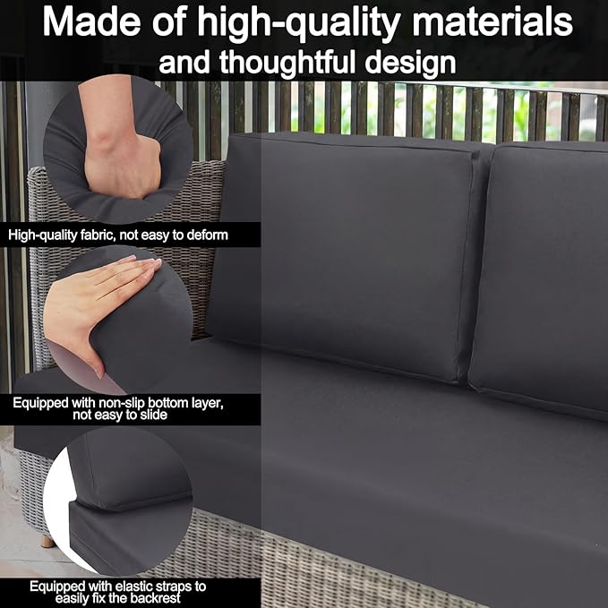 Wenqik 3 Pcs Waterproof Cushion Covers(Not Includes Cushion) 48'' x 24'' Outdoor Patio Furniture Seat Covers Fade Resistant Replacement Slipcover with Zipper for Outside Couch Swing Sofa(Dark Gray)