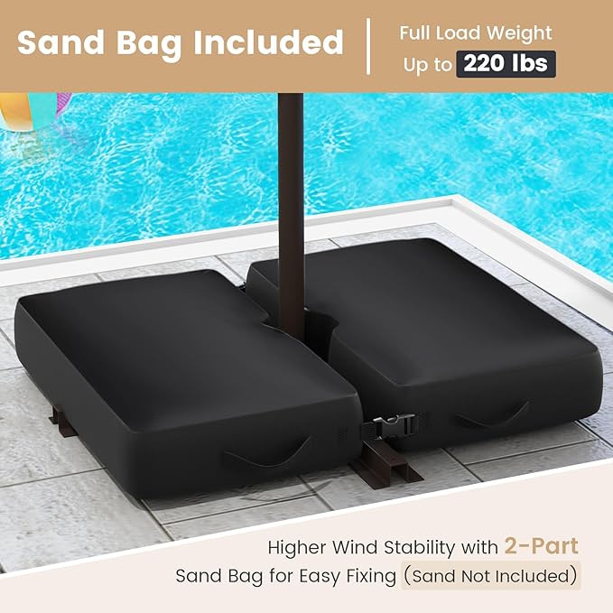 Tangkula 10FT Offset Patio Umbrella with Base Included, Outdoor Cantilever Umbrella with 40 Solar LED Lights, Tilt Adjustment, Crank Handle, Vented Top, Sand Bags for Pool Yard Deck (Beige)