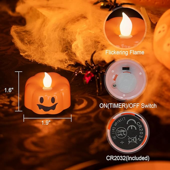 GenSwin Halloween Pumpkin Flameless Candles Lights with 6H Timer, 6 Pcs LED Flickering Tealights Candles Battery Operated, Ghost Face Tea Lights Candles for Fall Halloween Decoration (1.9” x 1.6”)