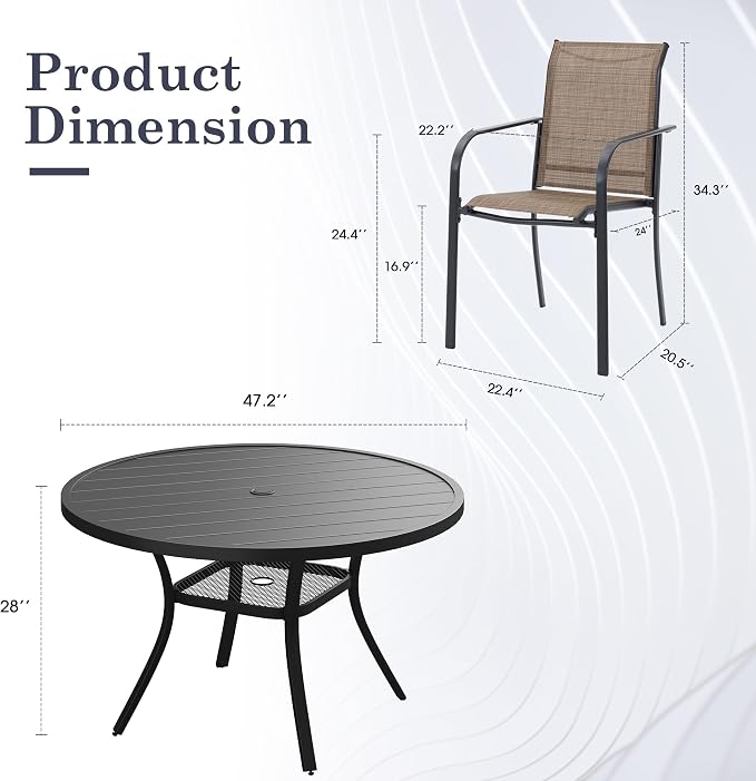 7 Pieces Outdoor Dining Set, Stackable Textilene Paito Chairs & 47.2" Round Dining Table with Umbrella Hole and Shelf, Patio Dining Set for Backyard, Deck, Garden, Brown & Black