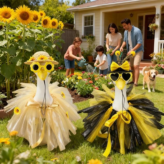 Funny 2Sets Spring Bee&Sunflower Porch Goose Outfits Dresses Clothes for 17"/23" High Cement or Plastic Porch Goose Clothes with Sunglasses for Yard Lawn Outdoor Garden Patio Statue Holiday Decor.