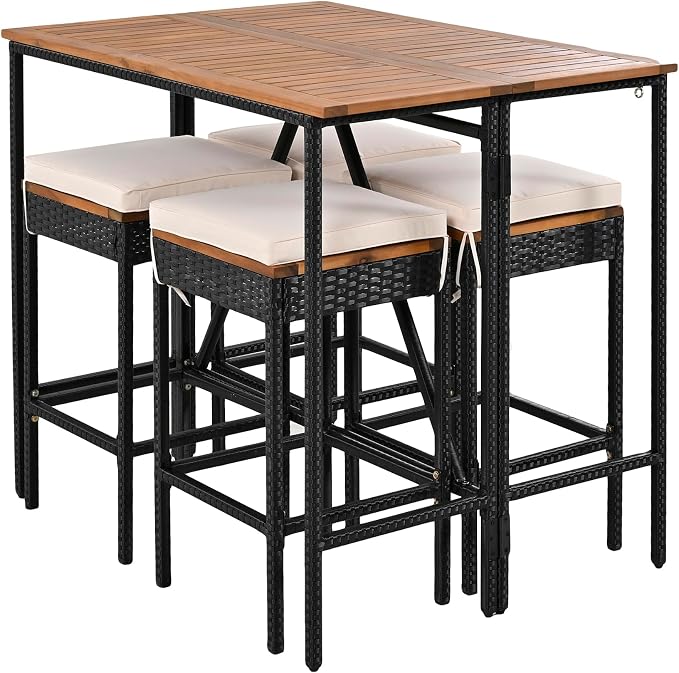 5-Piece Outdoor Patio Dining Set, Acacia Wood Bar Height Table with Foldable Tabletop and Four Stools with Cushions, High-Dining Bistro Set