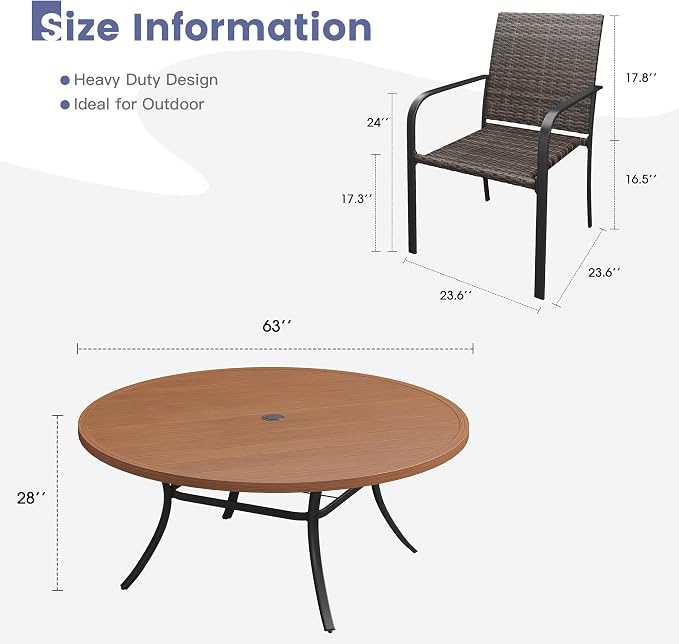 VICLLAX 11 Pieces Patio Dining Set, 10 Stakable Wicker Outdoor Chairs and 63" Patio Round Metal Table with Umbrella Hole for Backyard Lawn Deck, Walnut Tabletop