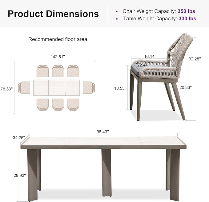 PURPLE LEAF 9 Pieces Patio Dining Set Aluminum Rectangular Table and Wicker Chairs with Cushions for Kitchen Porch Garden Modern Outdoor Furniture Sets, Light Grey
