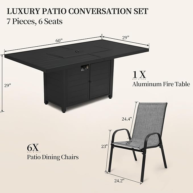 PIZZELLO 7 Pieces Patio Furniture Set w/ 60" Gas Fire Pit Table and 6 Patio Dining Chairs, Outdoor Conversation Set 50,000 BTU Aluminum Propane Fire Pit Stackable Patio Chairs Set of 6 for Backyard