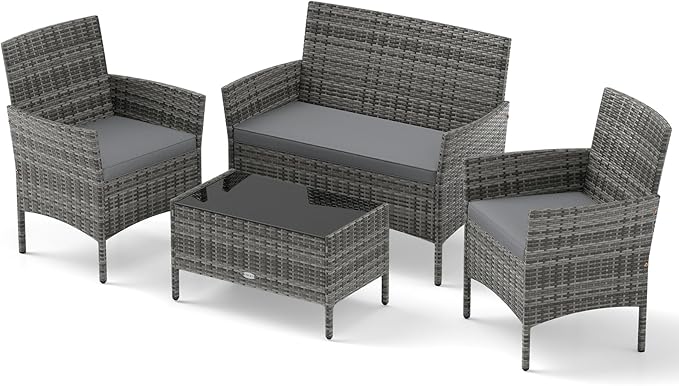 Tangkula 4 Piece Patio Rattan Conversation Set, Outdoor Wicker Furniture Set with Chair, Loveseat & Tempered Glass Table, Cozy Seat Cushions, Outside Sectional Sofa Set for Backyard, Porch