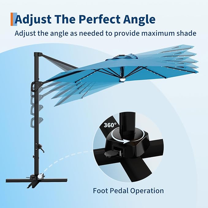 Garvee 10 ft Cantilever Patio Umbrella with Solar Lights, 360°Rotation Offset Umbrella, Easy Crank & Tilt Adjustment, UV Protection for Backyard, Poolside, Deck -Turquoise