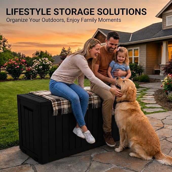LAUSAINT HOME 180 Gallon XXL Outdoor Deck Box, Waterproof Resin Storage Box Bench with Lock, Large Patio Cushion Storage, Garden Tool Organizer, Pool Storage Container, 3-Person Seat, Black