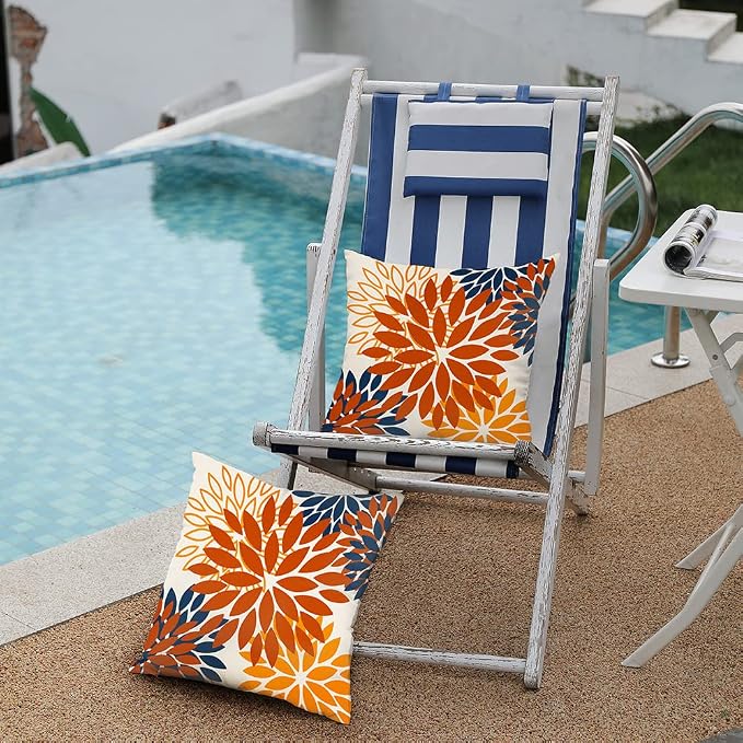 DFXSZ Outdoor Waterproof Pillow Covers 20x20 Set of 2 Orange Blue Flower | Spring Summer Waterproof Flower Throw Pillowcases(No Inserts)Outdoor Decor for Fall Patio Funiture Garden Polyester Covers