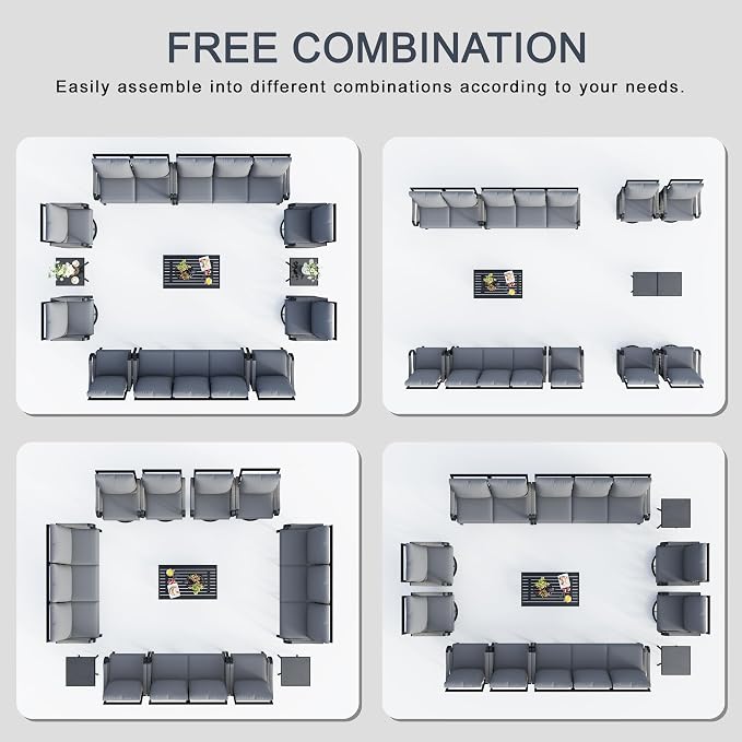 12 Pieces Patio Furniture Set, Metal Outdoor Conversation Sets with Swivel Chairs, Modern Couch Sofa Seating Group with Coffee Table and Side Table (Thick Gray Cushions)