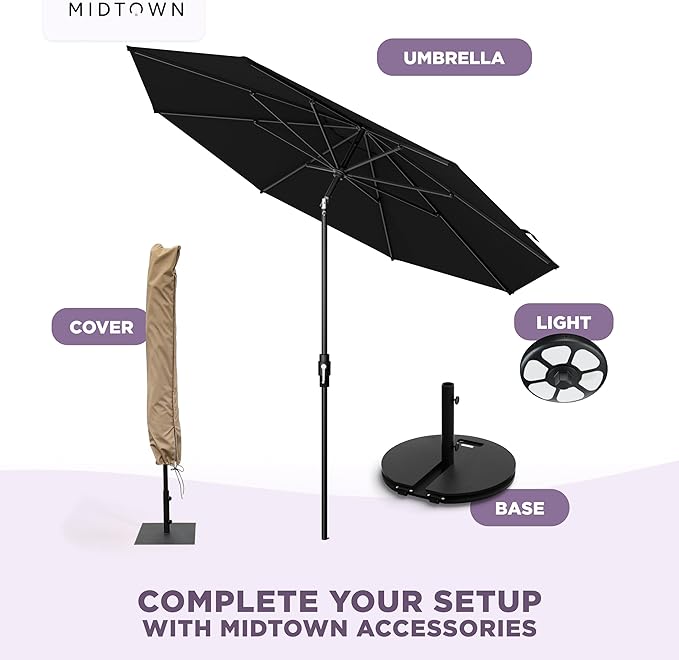 Midtown Umbrellas – The Swilt 10 Ft Patio Umbrellas with 360° Swivel & Tilt Mechanism, 8 Fiberglass Ribs & Terylast Polyester Fabric for Backyard, Deck, Pool & Cafes - Ebony Canopy, Black Pole
