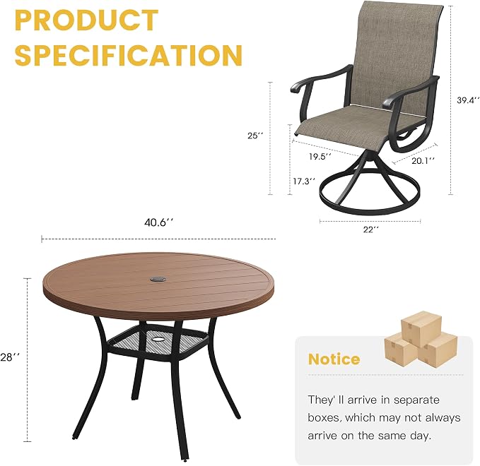 VICLLAX 5 Pieces Patio Dining Set, Outdoor Dining Set for 4-40.6" Round Patio Table and 4 Outdoor Swivel Chairs for Lawn Garden, Walnut Tabletop and Mixed Brown Fabric