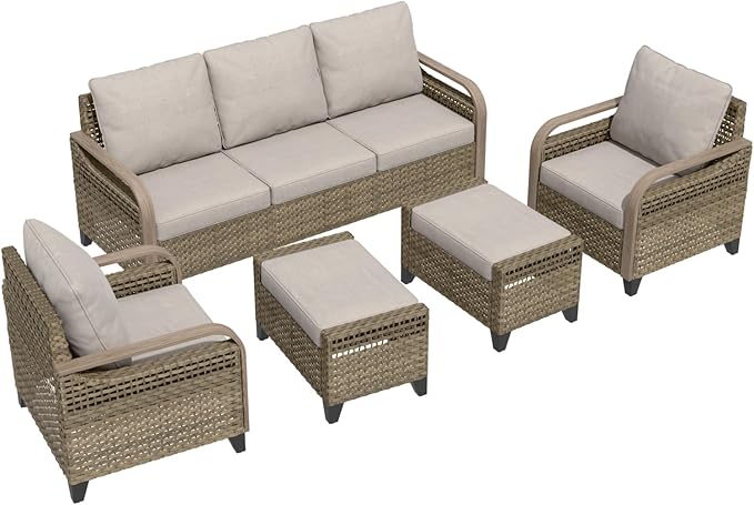 Modern Wicker Patio Furniture Set, Rattan Outdoor Conversation Set with Comfortable Cushions, 2 Patio Chairs, 3 Seat Couch and 2 Ottomans, 5 Pieces, Brown/Gray