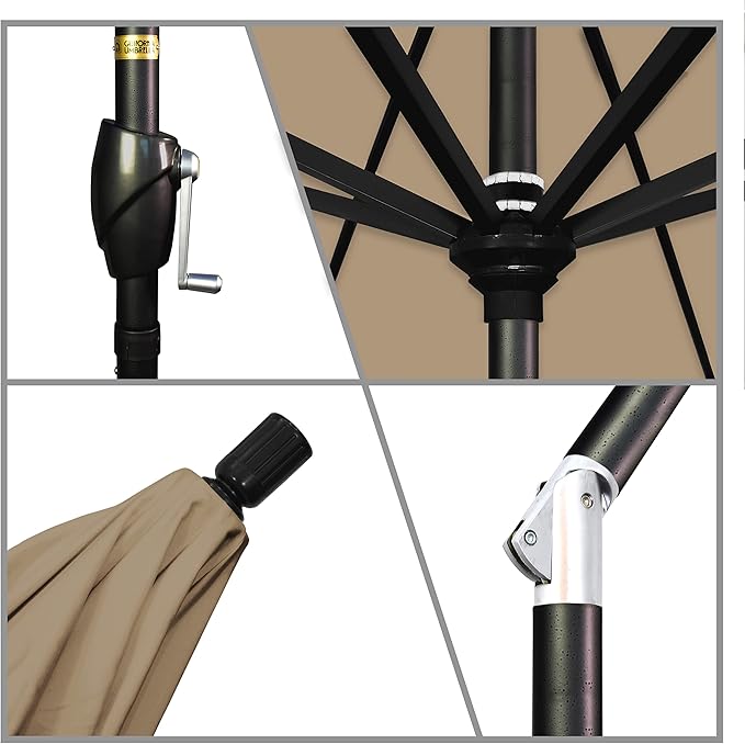 California Umbrella GSPT908302-5476 9' Round Aluminum Market, Crank Lift, Push Button Tilt, Black Pole, Sunbrella Heather Beige Patio Umbrella, 9-Feet