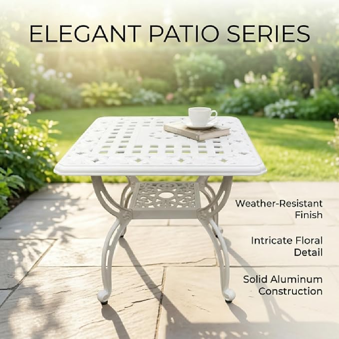 Square Outdoor Coffee Table, Cast Aluminum Side Table with Storage,Indoor End Table, All-Weather Bistro Table for Patio Garden Lawn,White