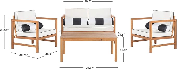 SAFAVIEH Outdoor Collection Montez Natural/ White Cushions/ Striped Bolster Pillows 4-Piece Conversation Patio Set