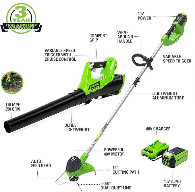 Greenworks 40V 16" TruBrushless™ Cordless Lawn Mower & 0.065" Dual Line Replacement String Trimmer Line Spool, 3 Count & 40V Cordless String Trimmer and Leaf Blower Combo Kit