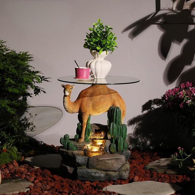 Camel & Cacti Side Table with 4-Tier LED Waterfall Resin Sculpture End Table Glass Top Indoor Outdoor for Patio Garden Living Room