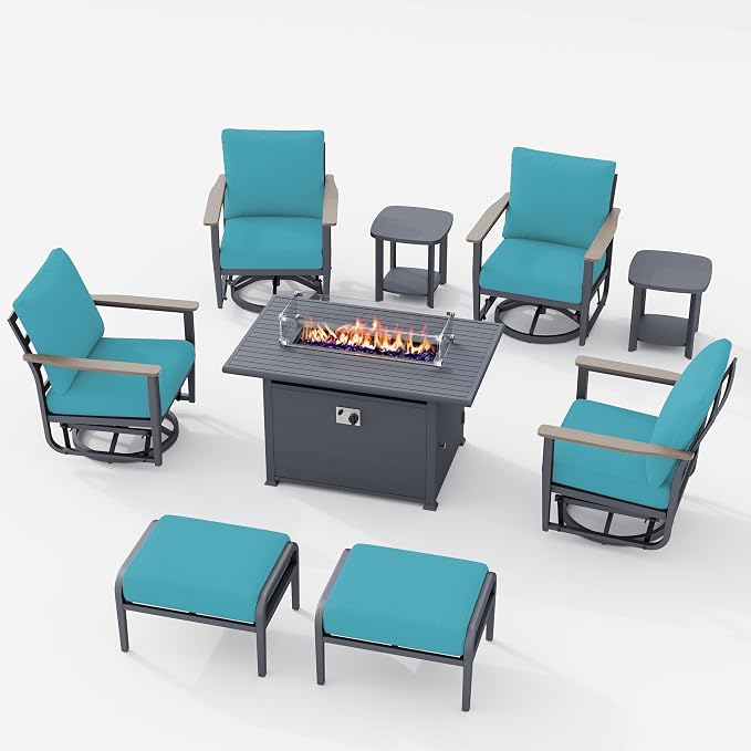 Aluminum Patio Swivel Rocking Chair Outdoor Bistro Set, 9pcs Patio Conversation Set Outdoor Patio Furniture Set with High Backrest & Thickened Cushions for Garden, Deck and Balcony, Turquoise