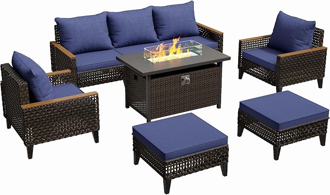 8Piece Patio Furniture Set with 50000 BTU Propane Fire Pit Table, All-Weather Wicker Rattan Outdoor Sectional Sofa Set with High Back and Thick Cushions for Garden, Porch, Poolside, Blue