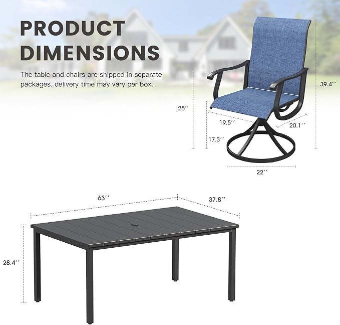 Outdoor Dining Set for 6, 63" Metal Outdoor Dining Table with Umbrella Hole and Sling Patio Swivel Chairs, 7 Pieces Patio Table and Chairs Set for Garden Backyard, Dark Blue and Black