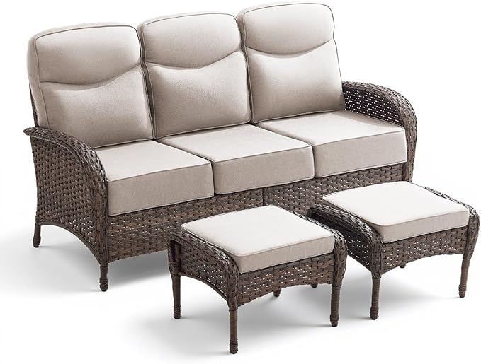 3 Pieces Luxury Patio Furniture Sofa Set with 6-Inch Thick Cushions, Outdoor Wicker Patio Furniture Covered Couch with Multifunctional Ottoman, Patio Conversation Set for Porch Garden, Beige