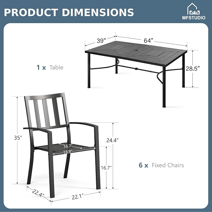 MFSTUDIO Patio Table and Chairs Set, Outdoor Dining Set for 6 with Umbrella Hole, 7 Piece Metal Outdoor Patio Furniture Set for Deck, Backyard, Poolside & Garden