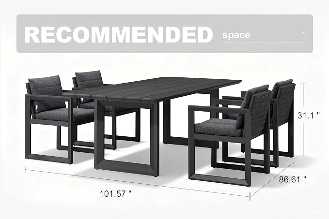 PURPLE LEAF Outdoor Dining Set for 4 Aluminum Luxury Patio Furniture Table and Chairs Set with Removable Thick Cushion Rectangular Patio Dining Sets for Small Backyard Porch Garden Deck, Grey