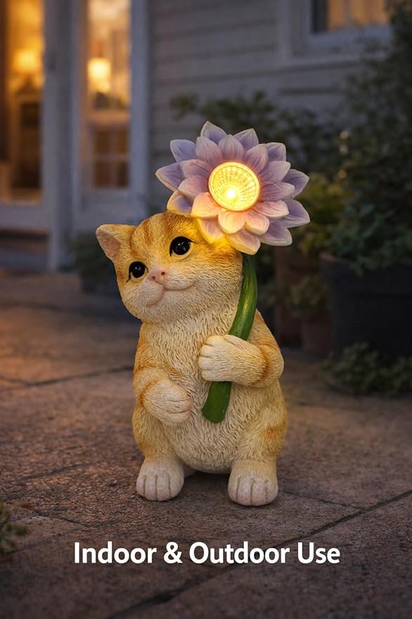 GoGnome Set of 3 Solar Animal Garden Lights – Resin Bunny, Cat & Dog Figurines with Warm LED Flower, Solar Powered Outdoor Décor for Garden, Patio, Yard, Balcony (Puppy/Kitten/Rabbit)