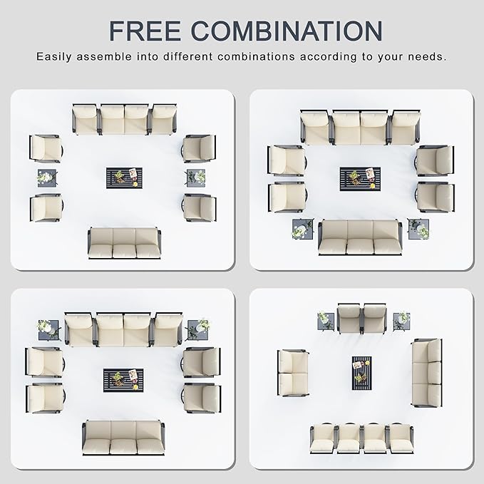 11 Pieces Patio Furniture Set, Metal Outdoor Conversation Sets with Swivel Chairs, Modern Couch Sofa Seating Group with Coffee Table and Side Table (Thick Beige Cushions)