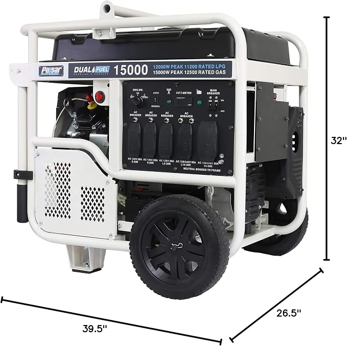 Pulsar PG15KVTWB 15,000W Dual Fuel Portable Generator, Gas or Propane, 713cc V-Twin Engine, Electric Start, 120V/240V, 50A Outlet