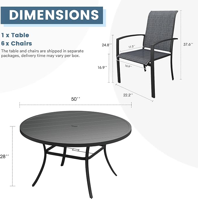 DIFY 7 Pieces Outdoor Dining Set for 6, 50" Round Dining Table with Umbrella Hole and Textilene Stackable Patio Chairs, Metal Patio Table and Chairs Set for Garden Backyard Poolside, Black