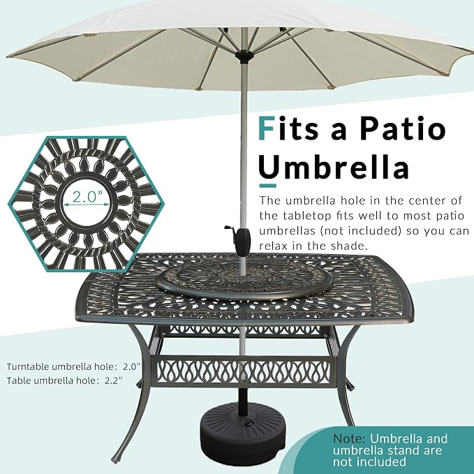 MEETWARM Outdoor 64" Square Patio Dining Table with Detachable Lazy Susan, All Weather Cast Aluminum Large Patio Furniture Table Set for 8 Seat with 35.4" Rotating Tray, Umbrella Hole, Dark Bronze