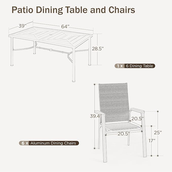PHI VILLA 7 PCS Patio Dining Set, Aluminum Outdoor Furniture, Patio Table and Chairs for 6, Lightweight Stackable Chairs with Breathable Fabric and Large Square Metal Table for Garden Yard Deck, Blue