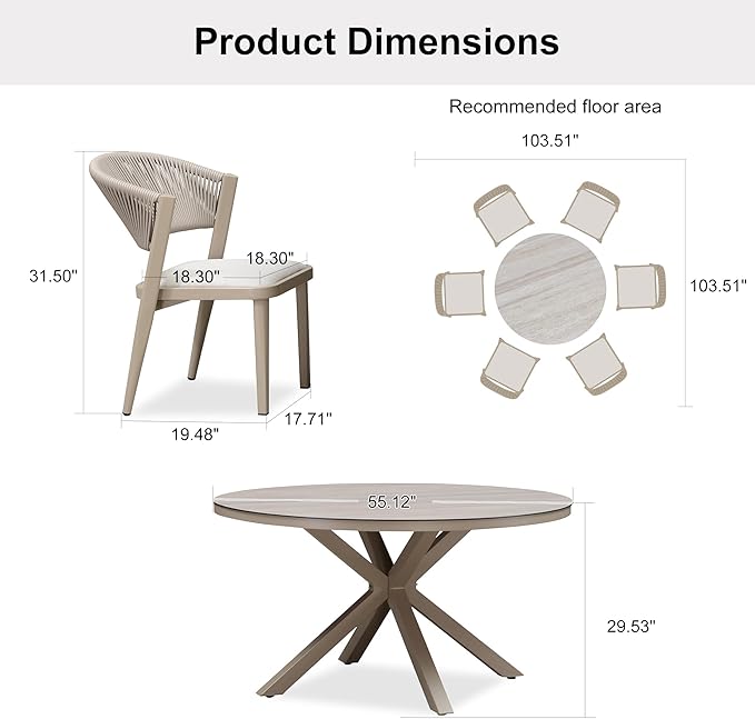 PURPLE LEAF 7 Pieces Round Dining Set Aluminum Frame and Wicker Rattan Patio Table and Chairs with Cushions for Garden Backyard Kitchen Deck Outdoor Champagne