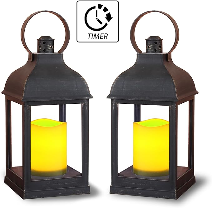 WRalwaysLX 2pack Decorative Lantern with flameless LED Candle Light, ON/Off/Timer Candle with 6Hours, Outdoor/Indoor LED Lantern, Use AAA Battery(not Include) Bronze Plastic (4x9)