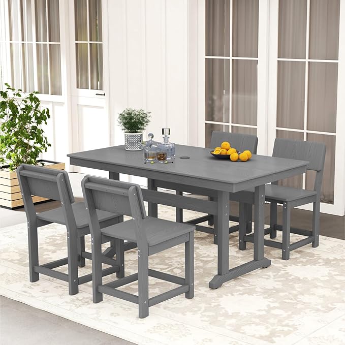 5-Piece HDPE Outdoor Patio Dining Set,Modern Plastic Dining Sets,Patio Table and Chairs Set with Umbrella Hole Cut-Out Table and 4 Chairs Gray