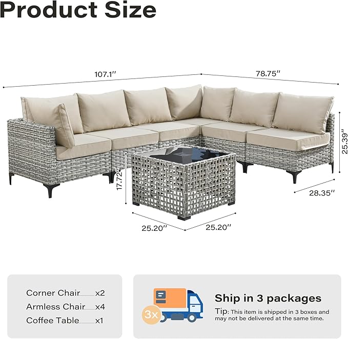 7 Pieces Patio Furniture Set with Solar Light Coffee Table, All-Weather Rattan Outdoor Sectional Conversation Sets L Shaped Sofas with Thick Cushions for Porch Balcony Backyard Beige