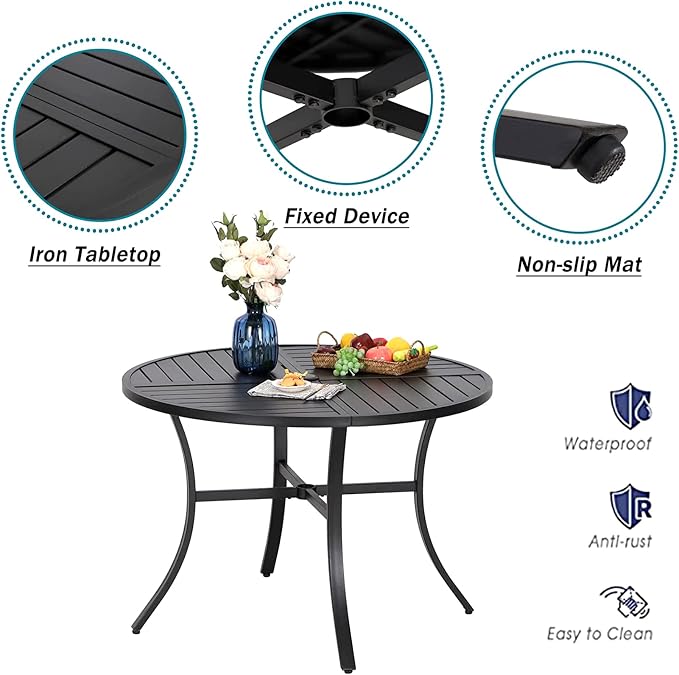 PHI VILLA 5 Pieces Outdoor Round Table Set for 4, 42” Wrought Iron Dining Table with Umbrella Hole & Cushioned Rattan Wicker Chairs for Patio, Deck, Yard, Porch