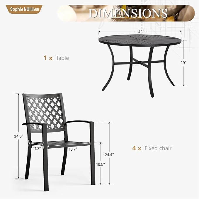 Sophia & William Round Patio Table and Chairs Set, Outdoor Dining Set for 4, 5 Piece Metal Patio Furniture, 42" Black Table(Diamond)
