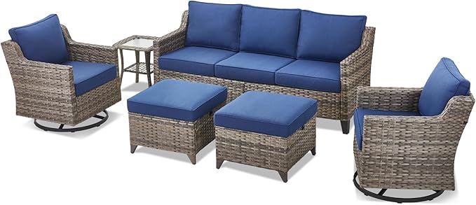 6 Piece Outdoor Patio Wicker Furniture Sets-High Back Outdoor Conversation Set Sectional Sofa with Wicker Swivel Rocker Patio Chairs,Thick Cushions Ottomans for Porch Balcony Patio Deck Grey/Blue