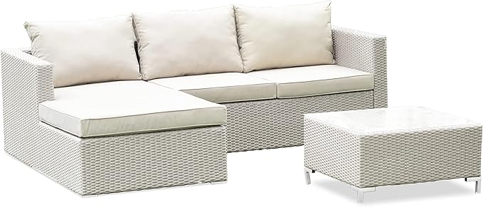 East West Furniture ACL3S03A 3 Piece Patio Furniture Set - Outdoor Sectional Sofa Set Contains a Rectangle Glass Top Bistro Wicker Tea Table and Linen Fabric Cushion , 63x87 Inch, Natural Linen