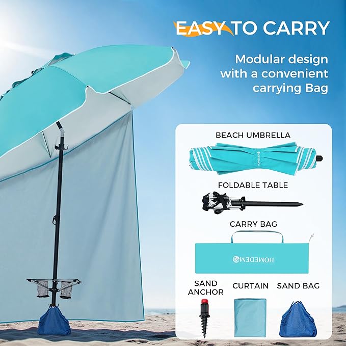 HOMEDEMO 8FT Large Beach Umbrella with Weight Bag & Sand Anchor, Outdoor Umbrellas with Adjustable Aluminum Pole and Table, Heavy Duty Windproof & UPF 50+